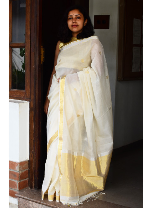 Off-White, Handwoven Organic Cotton, Textured Weave , Jacquard, Festive Wear, Jari , Butta Saree